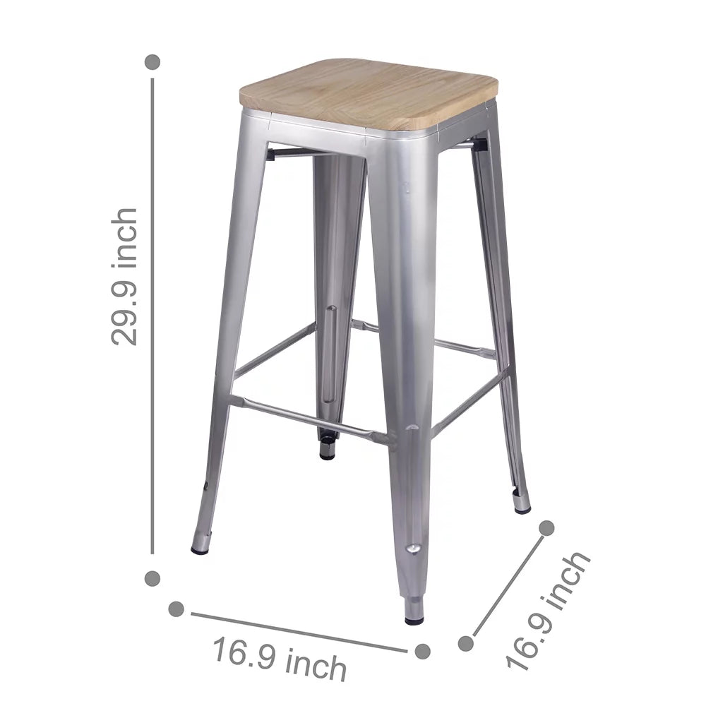 Silver 30 Inch Backless Metal Barstools with Light Wood Seat, Set of 4 T78077