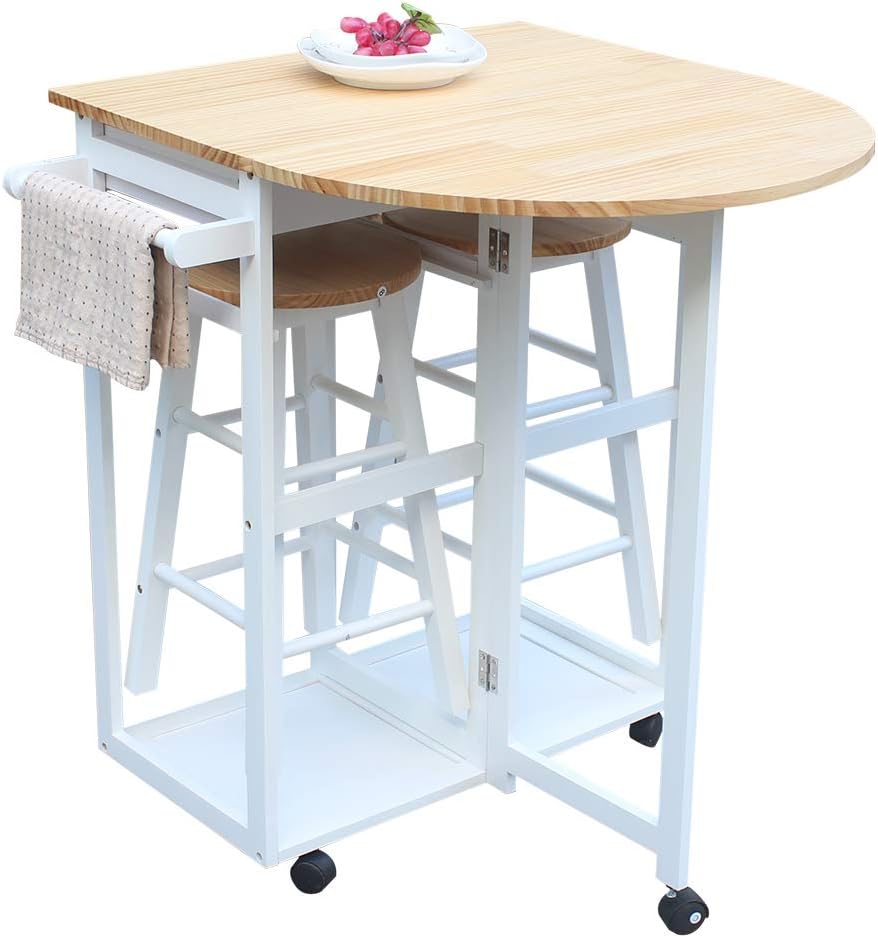 Foldable Kitchen Island Trolley Cart with 2 Stools and 2 Drawers Q61002