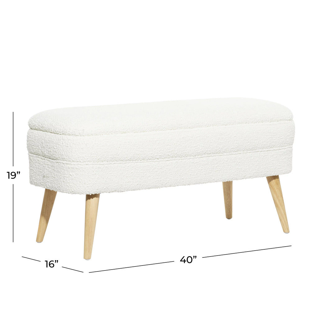 White Polyester Boucle Upholstered Storage Bench with Wood Legs O78345