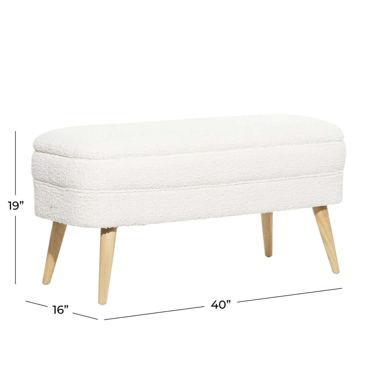 White Polyester Boucle Upholstered Storage Bench with Wood Legs O78345