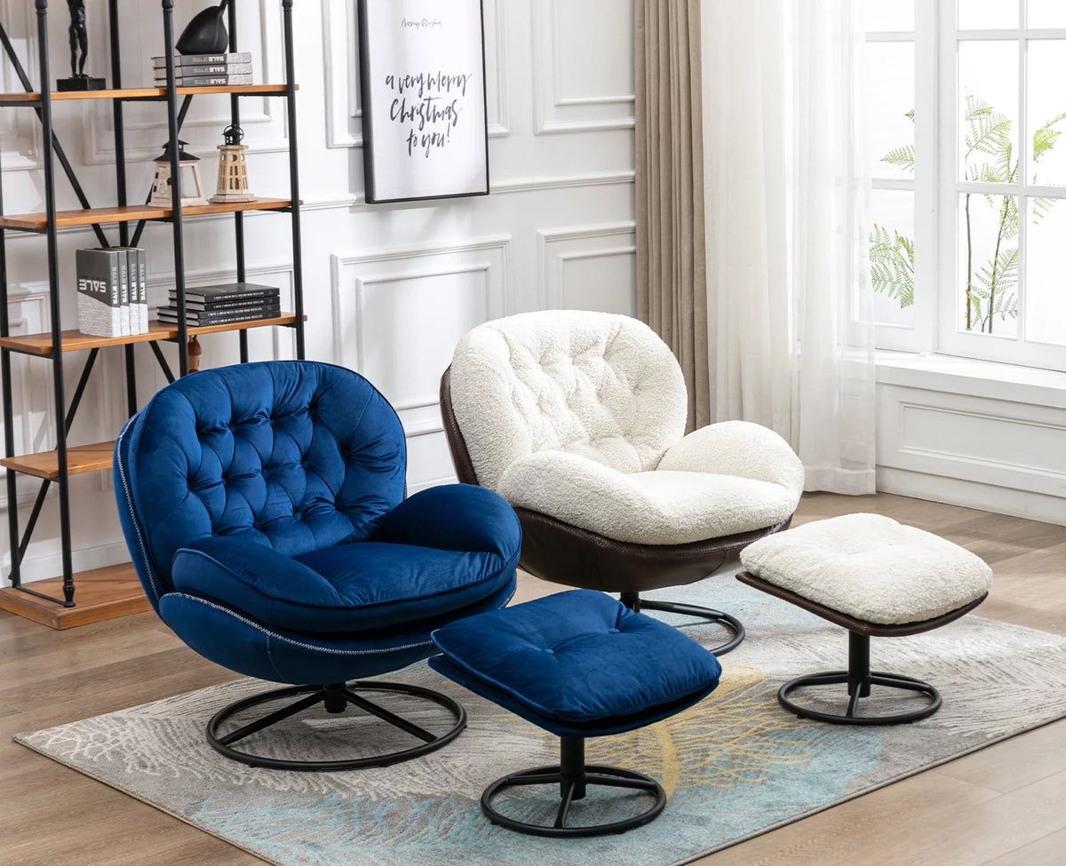 White Faux Fur Swivel Accent Chair with Ottoman O8380