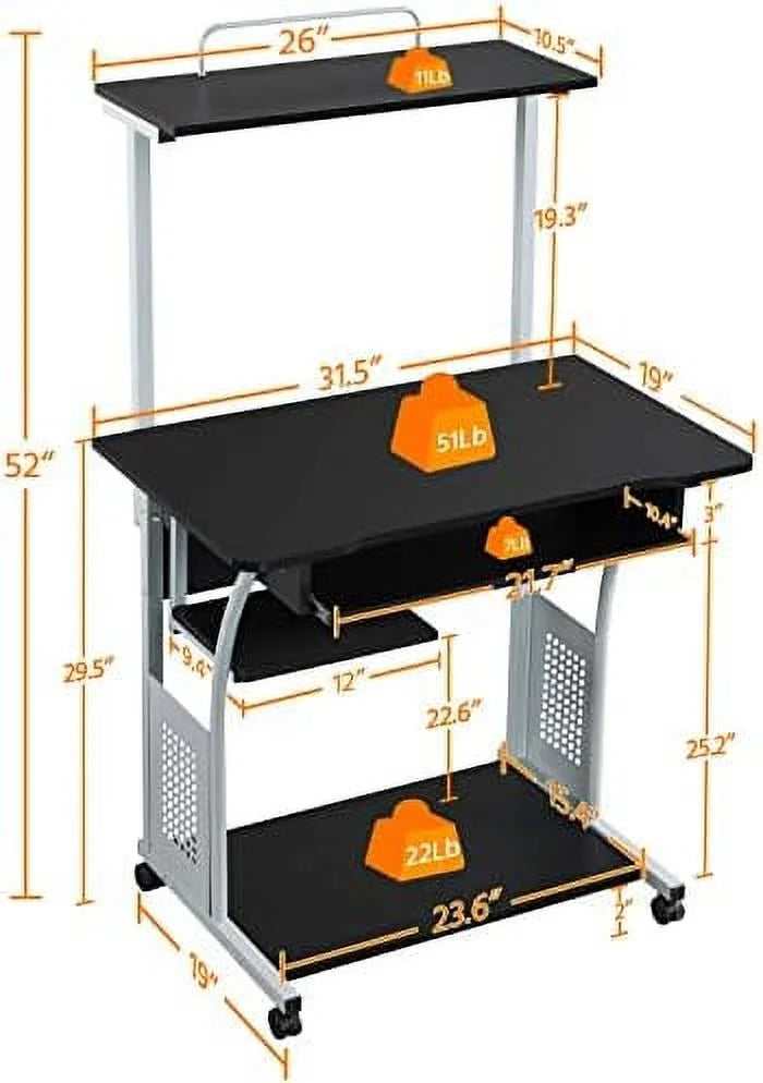 Black 3 Tier Computer Desk with Printer Shelf and Keyboard Tray U25623