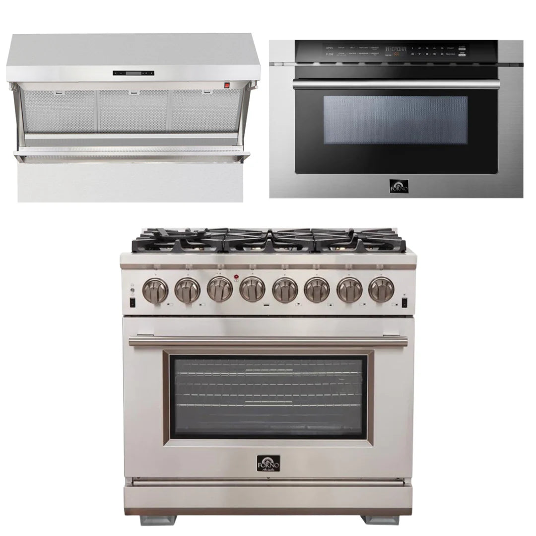 36 Inch Gas Range, Wall Mount Range Hood, Microwave Drawer R153970