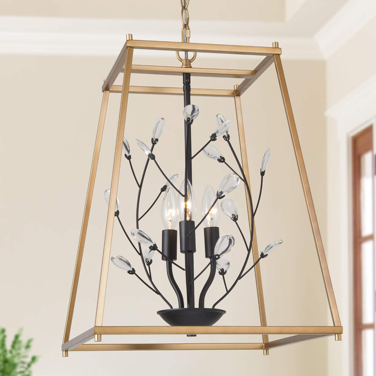 Gold Metal Square 3 Light Chandelier with Crystal M7199