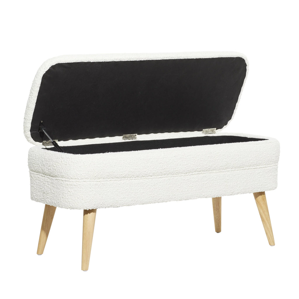 White Polyester Boucle Upholstered Storage Bench with Wood Legs O78345