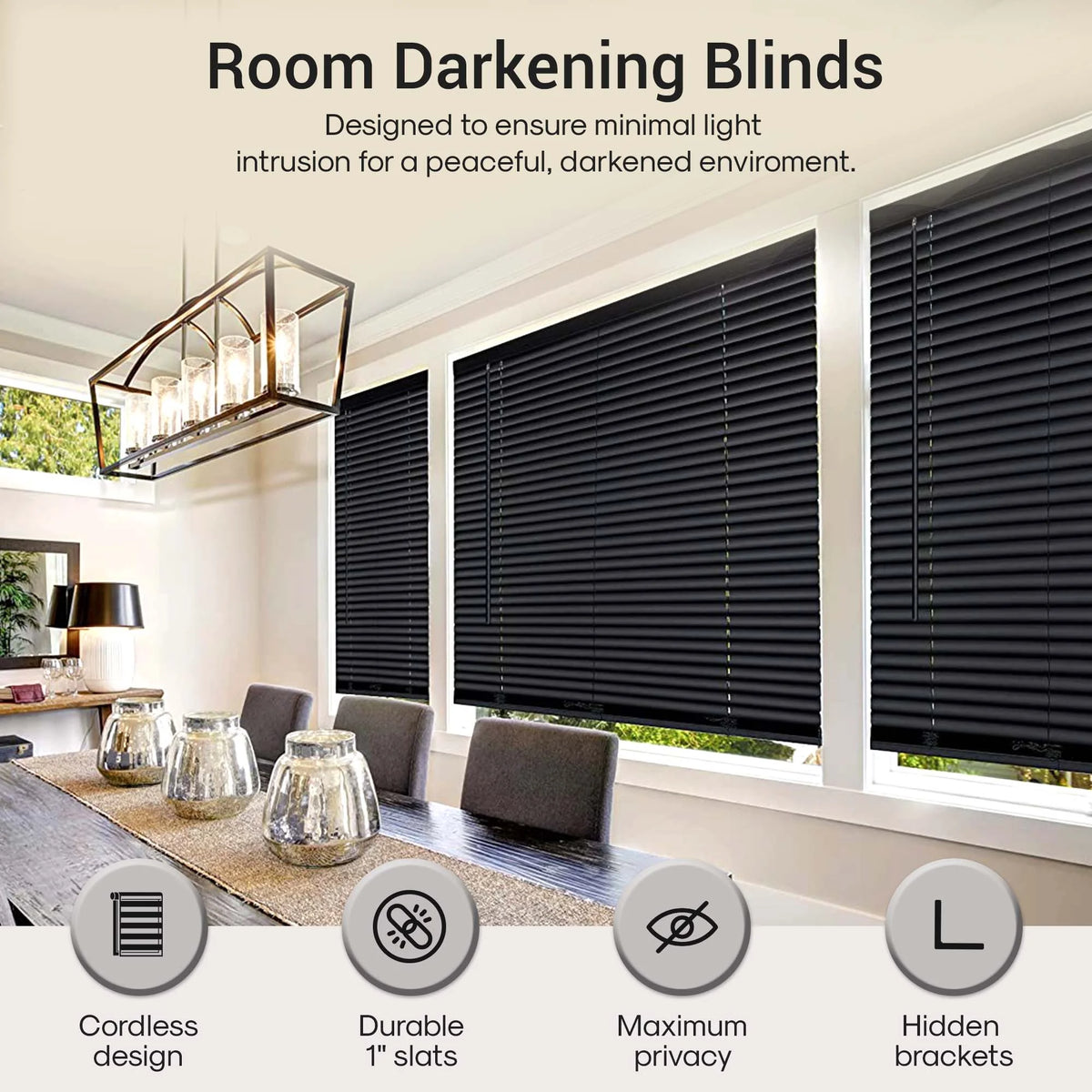 1" Vinyl Blackout Cordless Window Blinds, 64L x 34W Inches J91034
