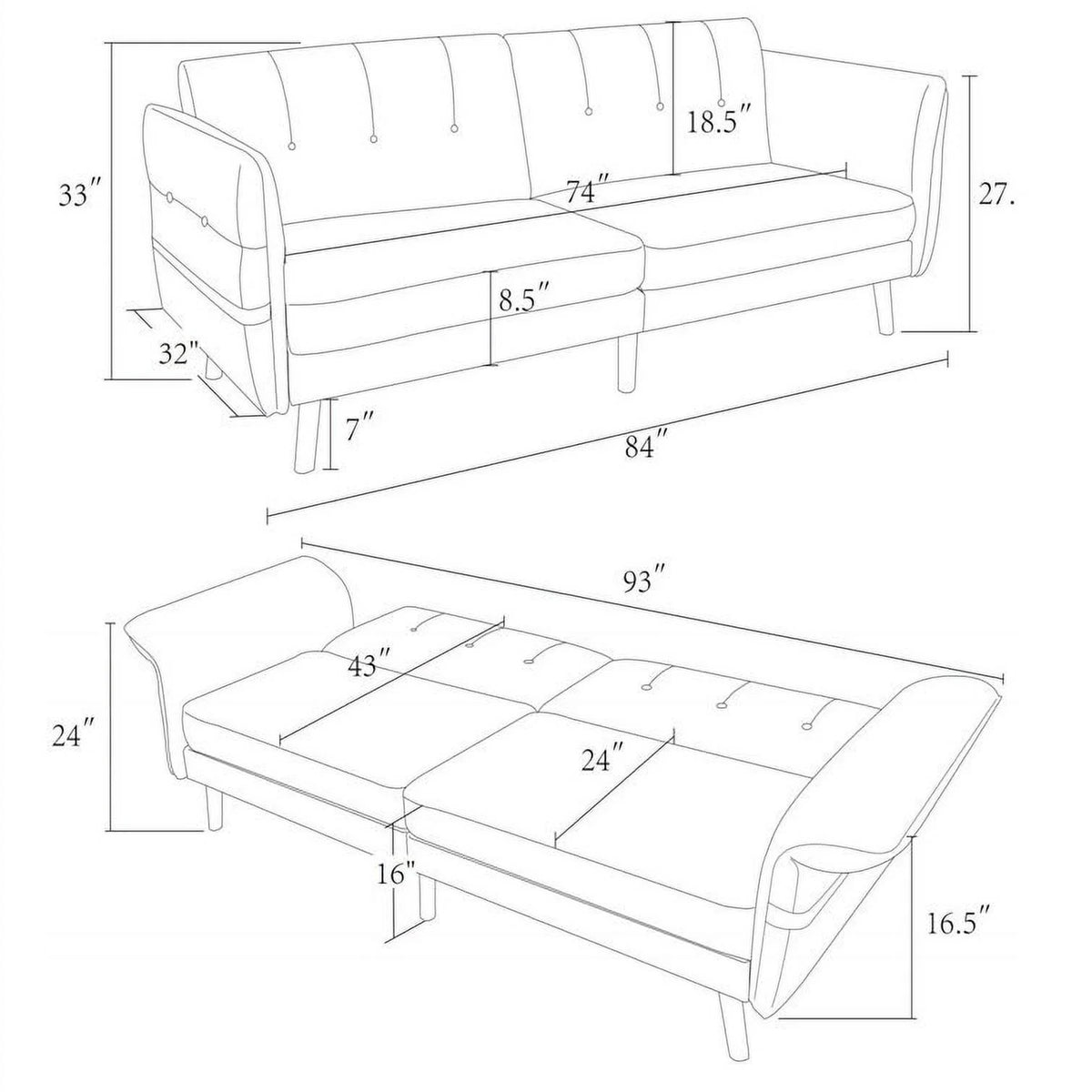 Convertible Futon Sofa Bed with Adjustable Armrest/Backrest Blue Y373