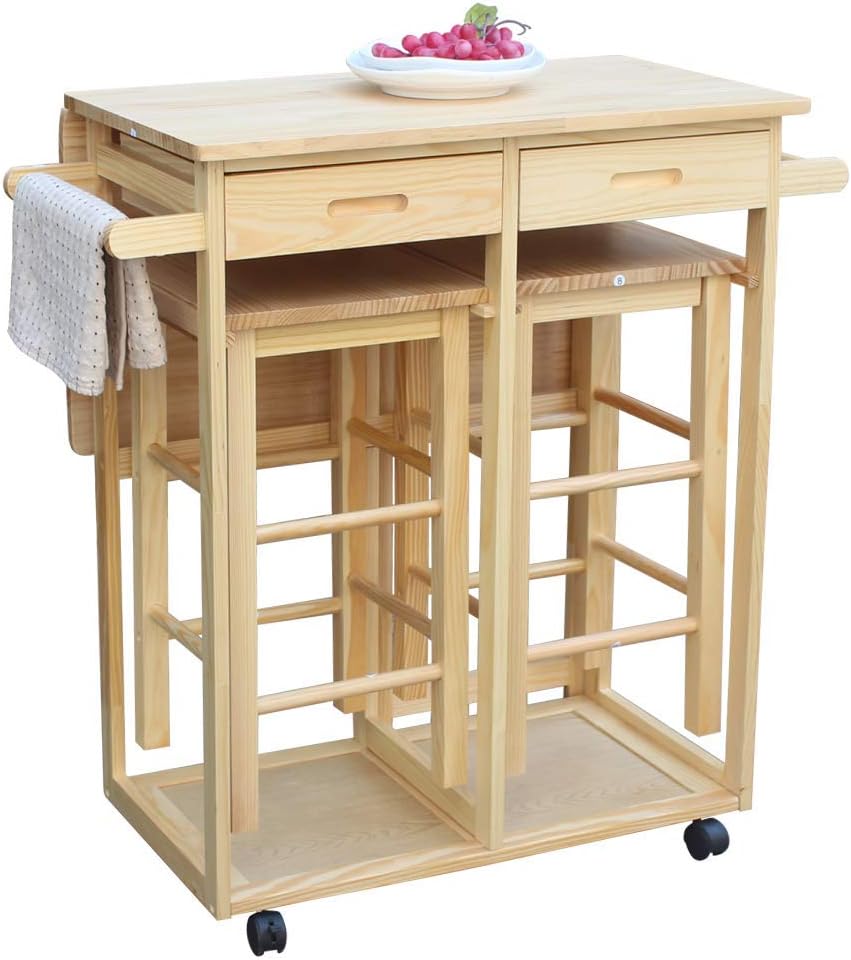 Foldable Kitchen Island Trolley Cart with 2 Stools and 2 Drawers Q61002