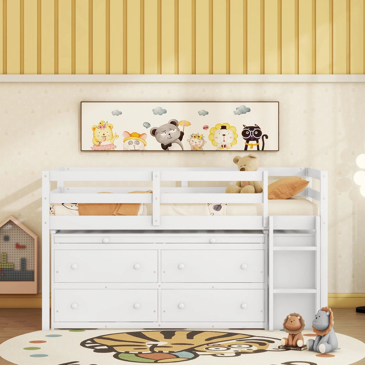 Twin Size White Wood Loft Bed with Desk and 4 Drawers F6363