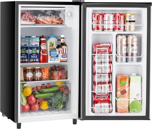 3.2 Cu.Ft Mini Fridge with Freezer Single Door Adjustable Thermostat Compact Fridge (Black) W122