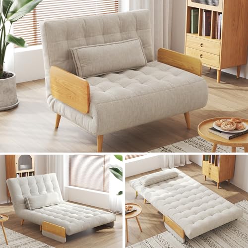 Linen Convertible Chair Bed Sleeper with Wooden Arms W789