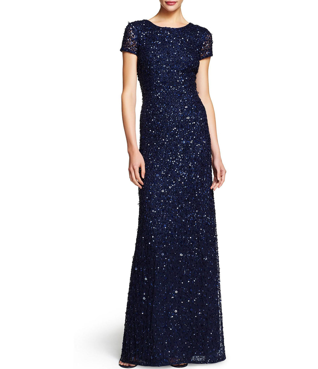 Navy Scoop Back Sequin Gown D291943