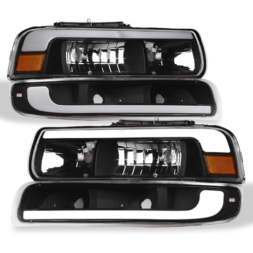 Compatible With Chevy Silverado Suburban Tahoe LED Strip Bar Black Housing Headlights With Signal Bumper Lamps Amber Reflector 4-Pieces C668358