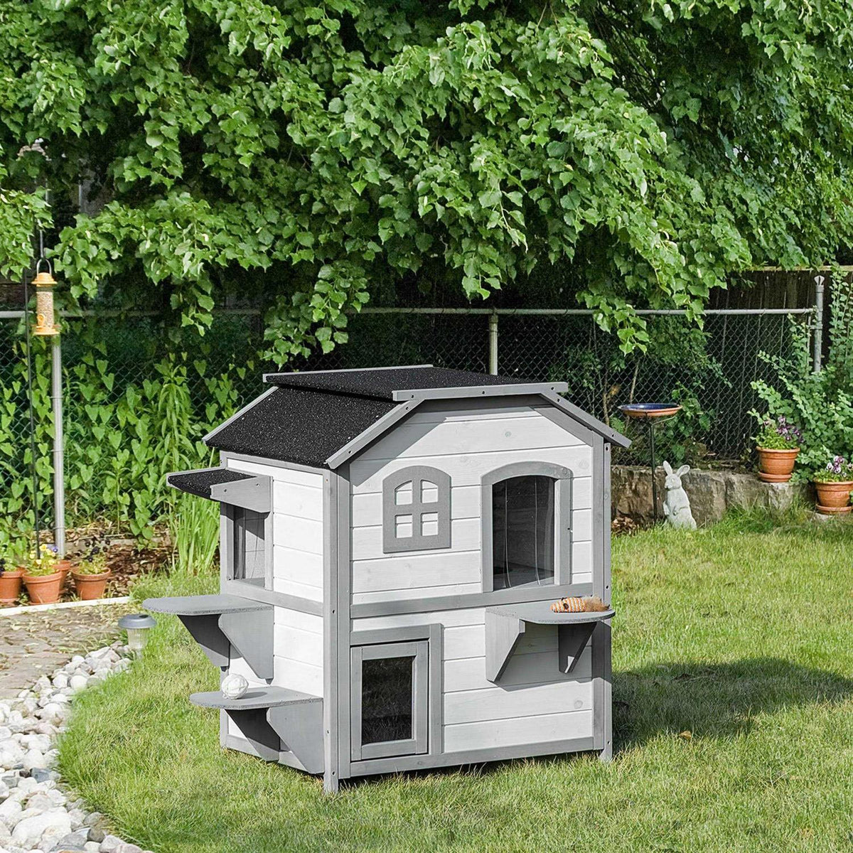 Wooden 2-Story Outdoor Cat House with Escape Door A154