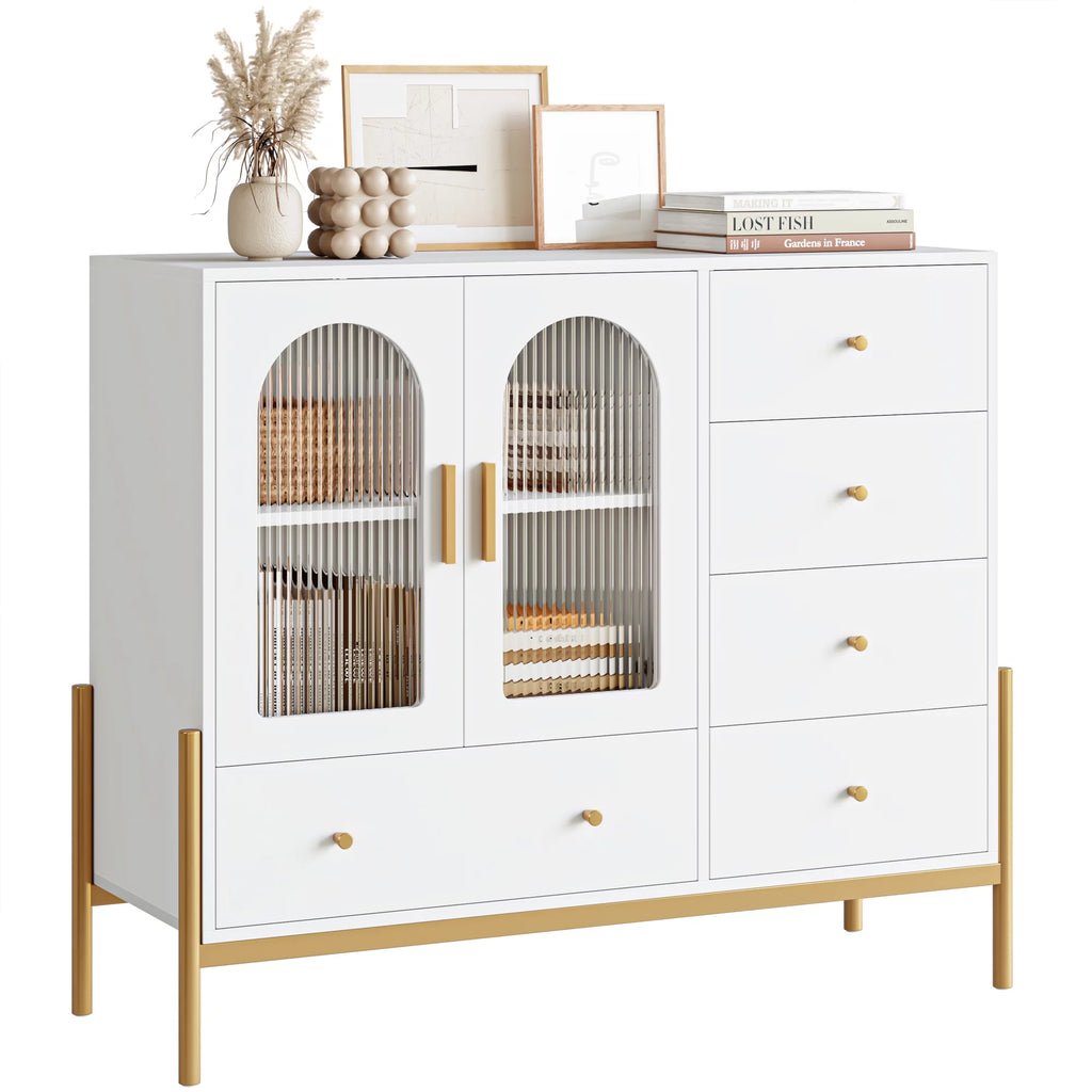 White 5 Drawer Dresser with Glass Door S245