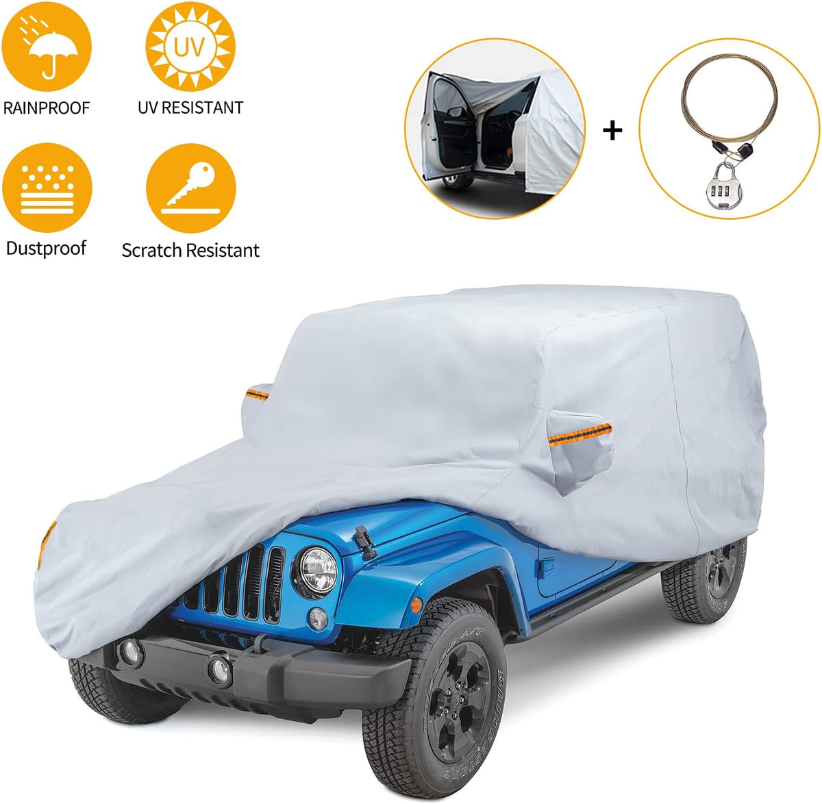 Waterproof Car Cover for 4 Door Wrangler JK with Driver Door Zipper Lock Cable U938