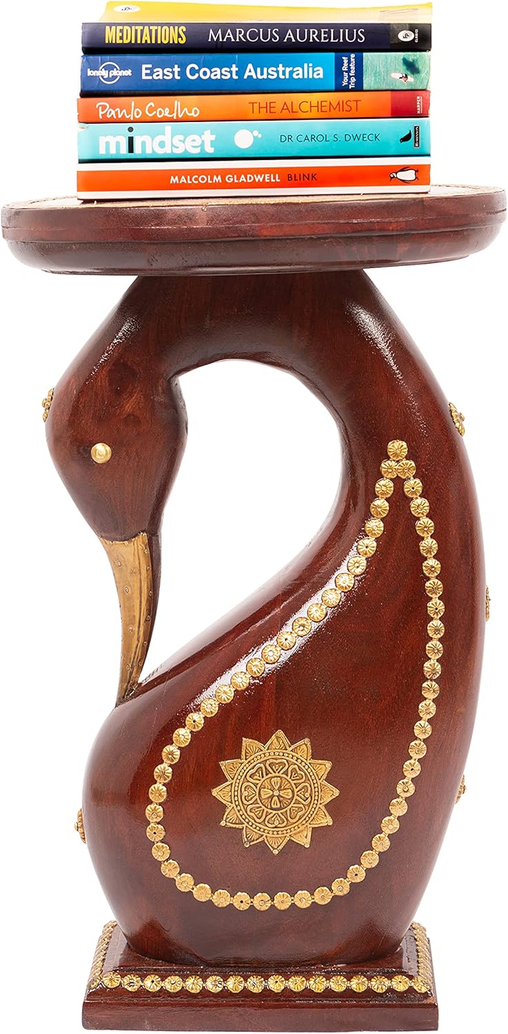Hand Carved Wooden Elephant Side Table with Brass Accents O422420