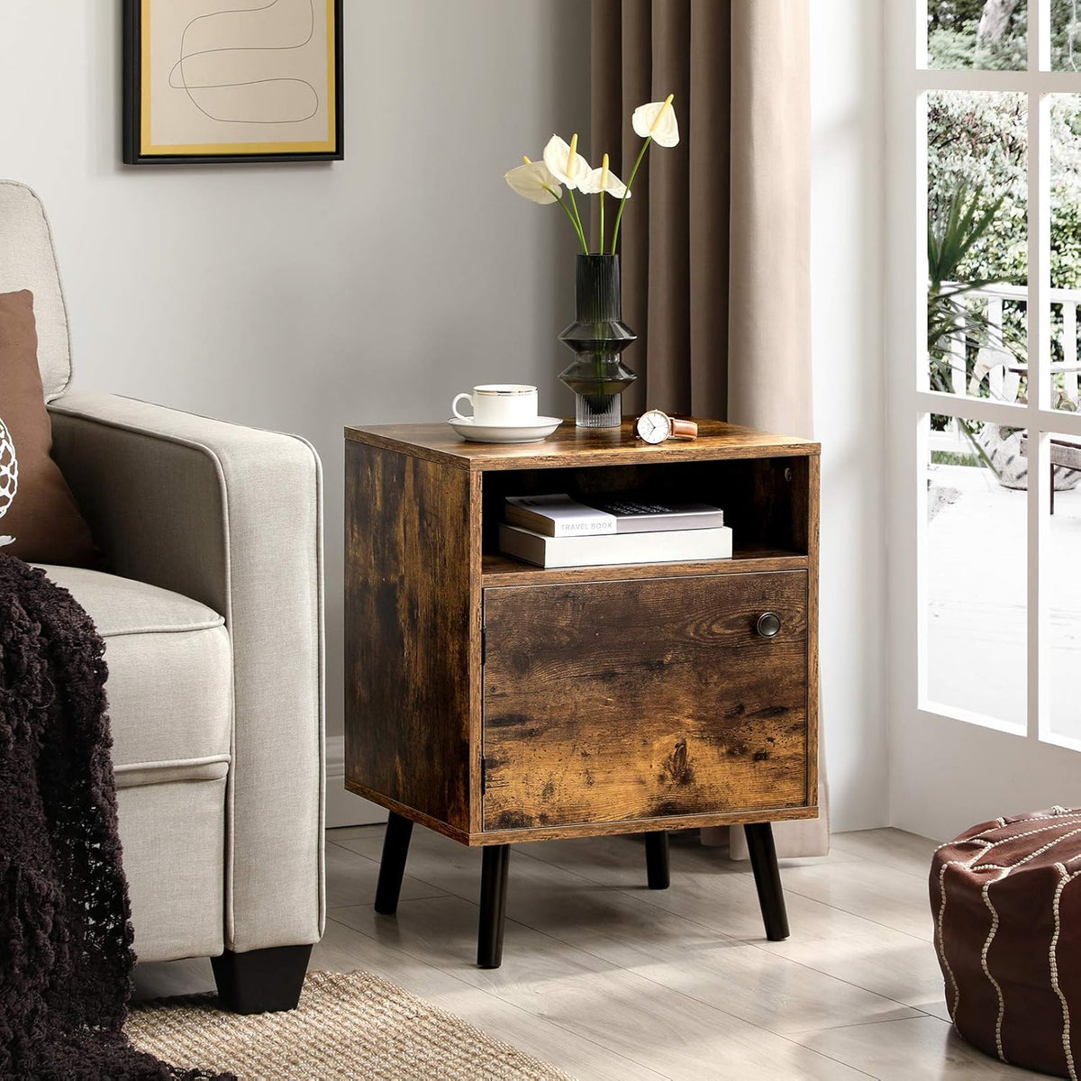 Rustic Brown Nightstand with Open Shelf and Cabinet I83614