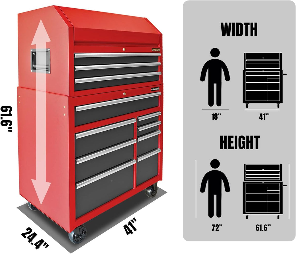 Black/Red 41-Inch 11 Drawers Heavy-Duty Steel Tool Chest and Cabinet S458
