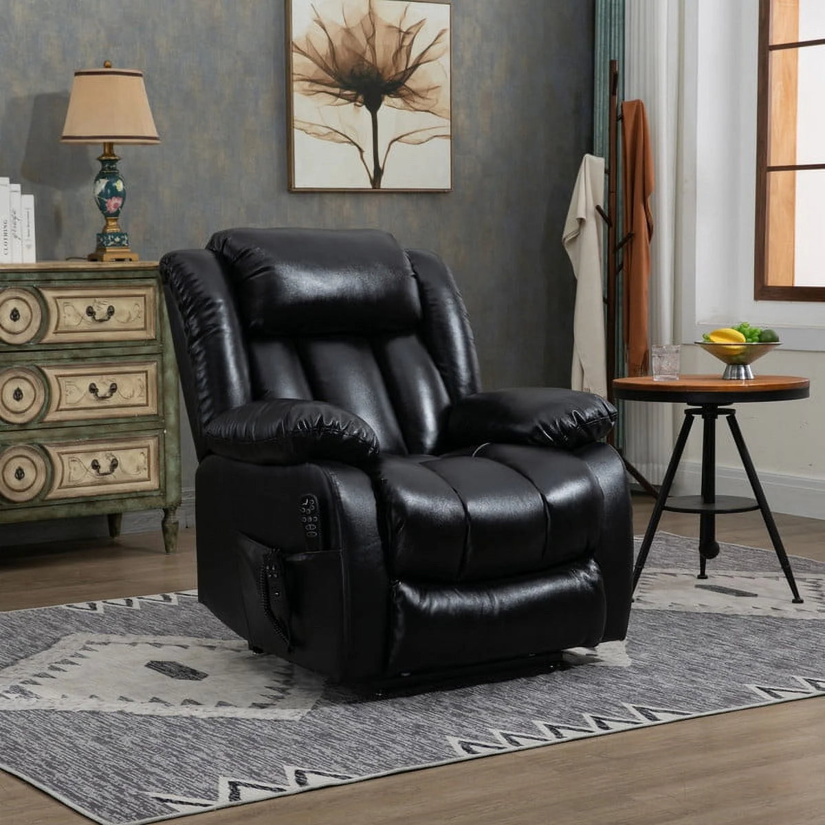 Oversized Black Leather Power Lift Recliner Chair with 8-Point Vibration Massage Lumbar Heating E9162
