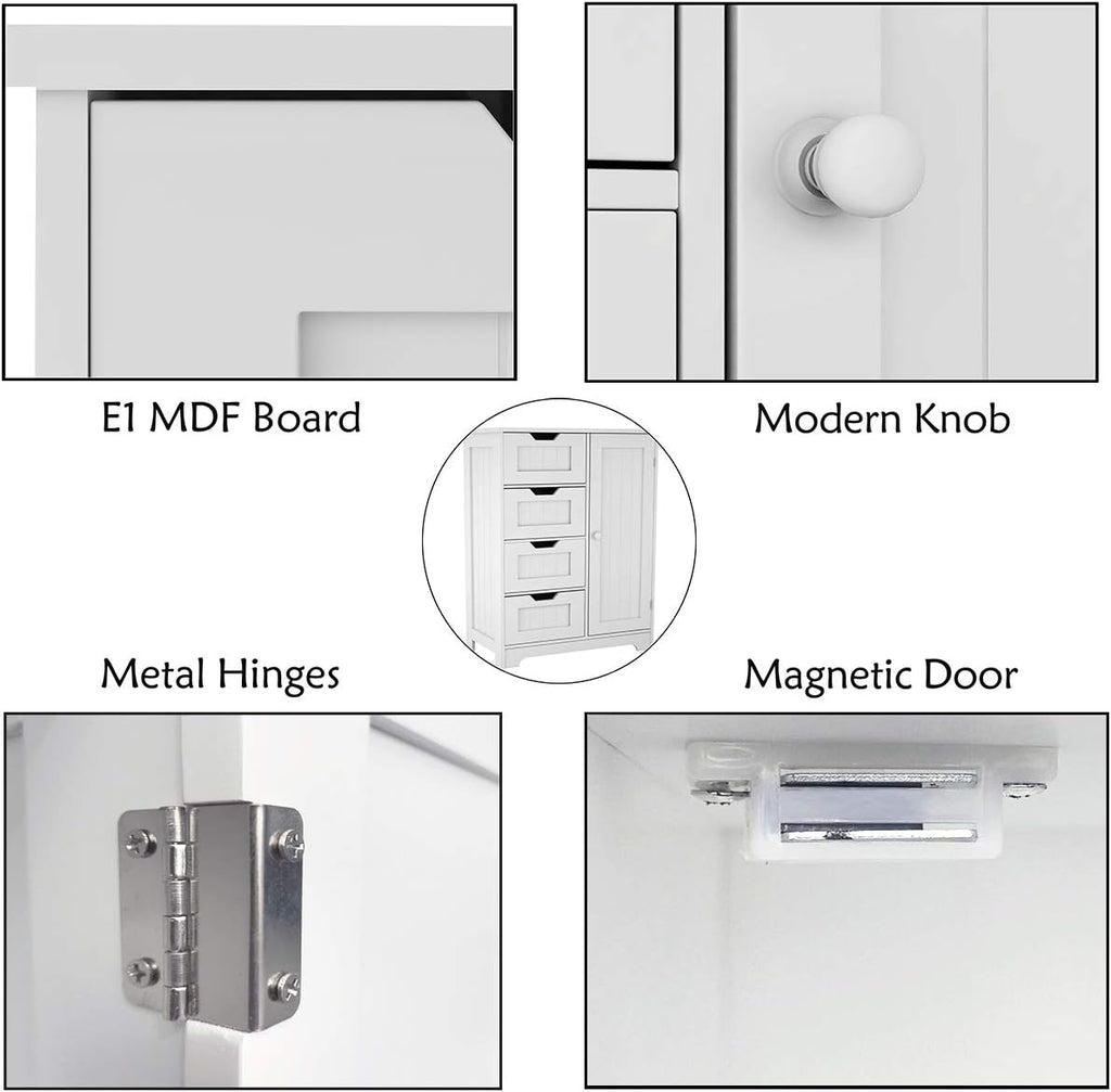 White Freestanding Bathroom Storage Cabinet with 4 Drawers and 1 Door H724525