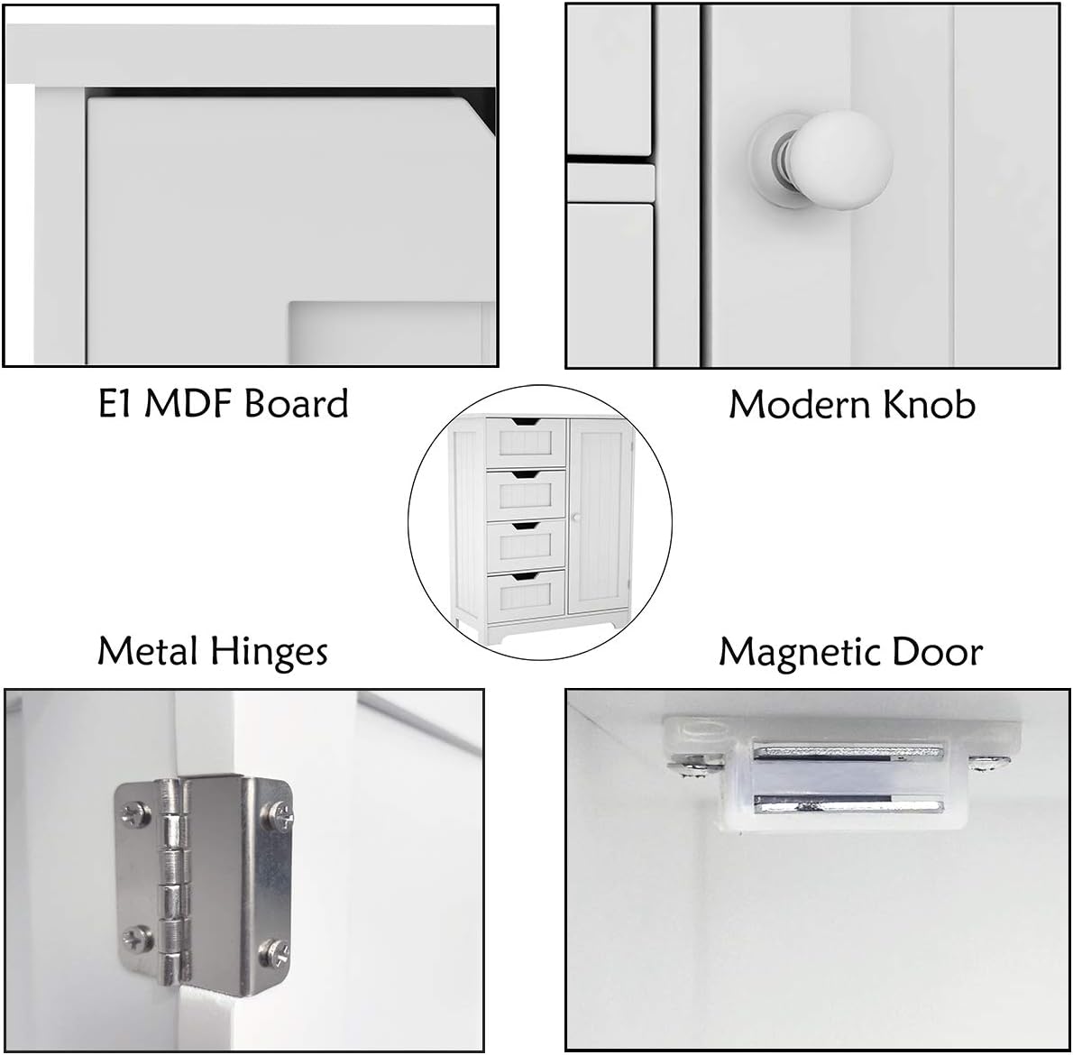 White Freestanding Bathroom Storage Cabinet with 4 Drawers and 1 Door H724525