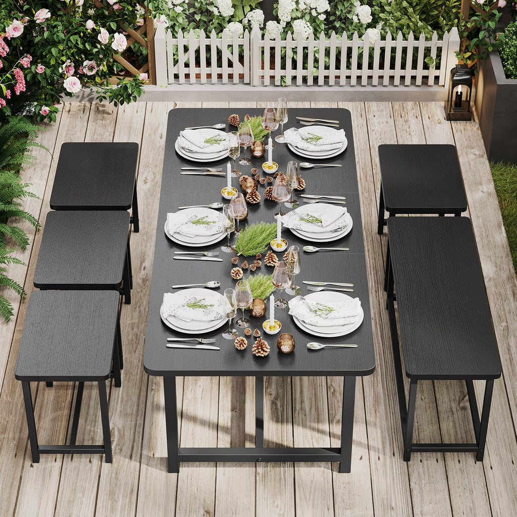 63" Extendable Dining Table Set with Bench and 4 Stools Black Metal Frame H8835