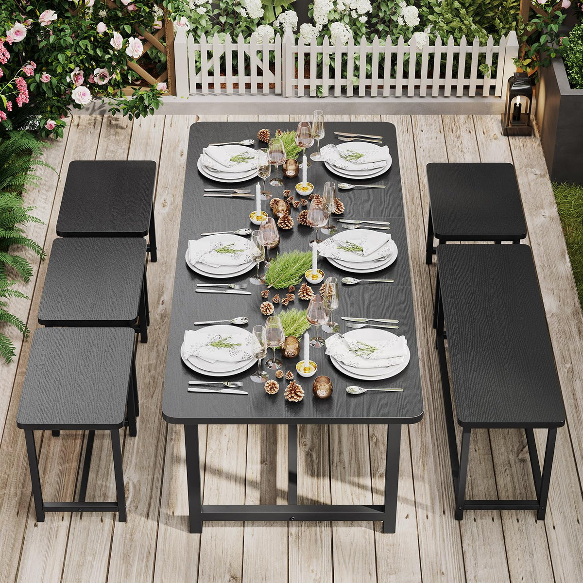 63" Extendable Dining Table Set with Bench and 4 Stools Black Metal Frame H8835