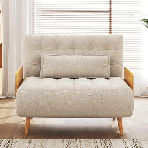 Linen Convertible Chair Bed Sleeper with Wooden Arms W789