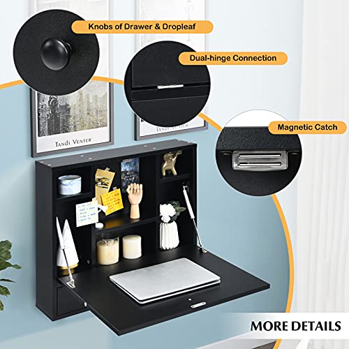 White Wall Mounted Desk with Storage Drawer and Shelves W540927