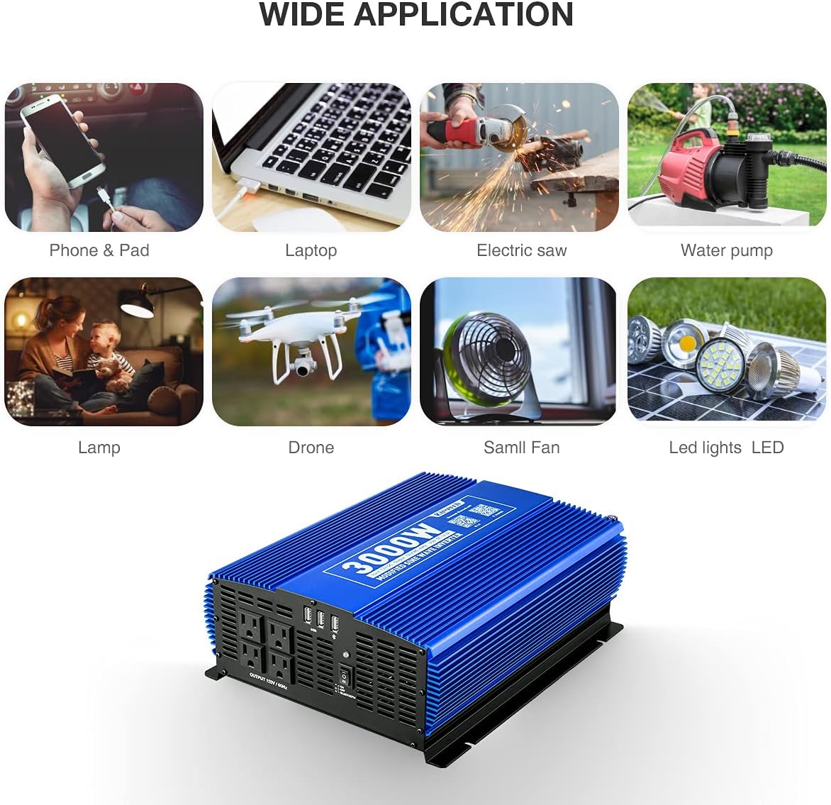 3000W Power Inverter DC12V to 110V AC with 4AC Outlets 2USB Port R3985