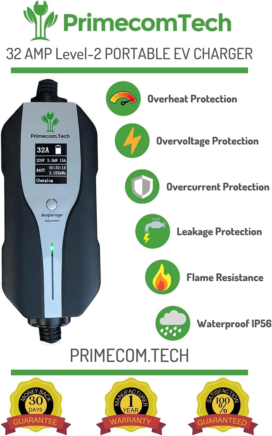 Level 2 Electric Vehicle Charger Amperage Adjustable 50Ft Cable A11142