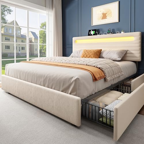 Beige Queen Bed Frame with 4 Storage Drawers I7943