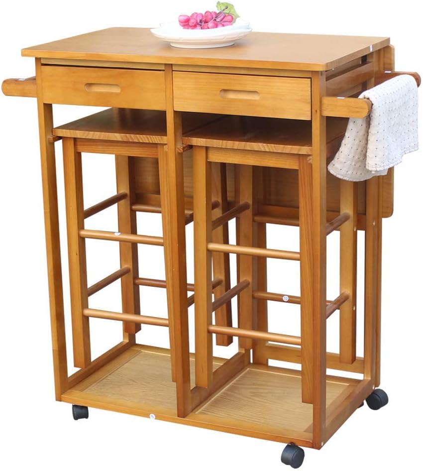 Foldable Kitchen Island Trolley Cart with 2 Stools and 2 Drawers Q61002