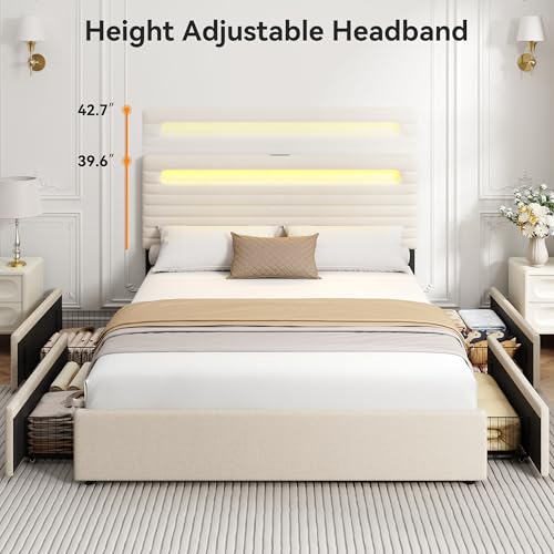 Beige Queen Bed Frame with 4 Storage Drawers I7943