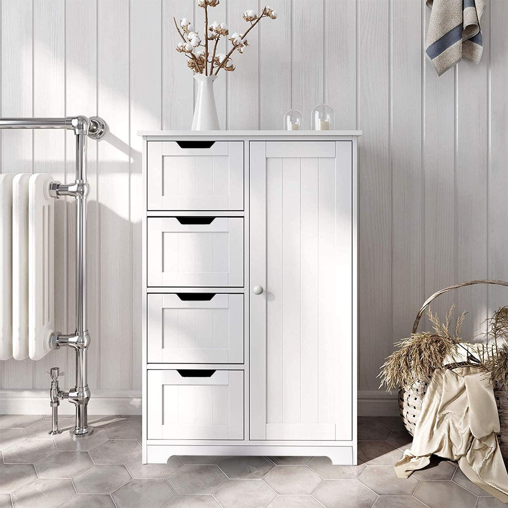 White Freestanding Bathroom Storage Cabinet with 4 Drawers and 1 Door H724525