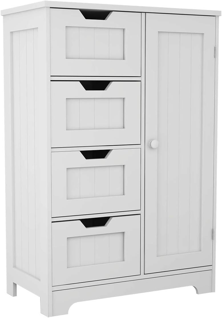White Freestanding Bathroom Storage Cabinet with 4 Drawers and 1 Door H724525