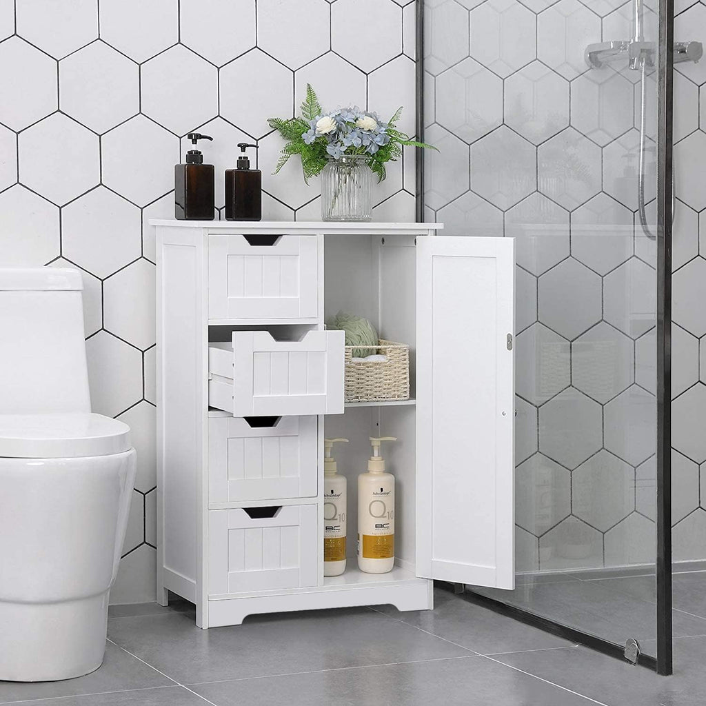 White Freestanding Bathroom Storage Cabinet with 4 Drawers and 1 Door H724525