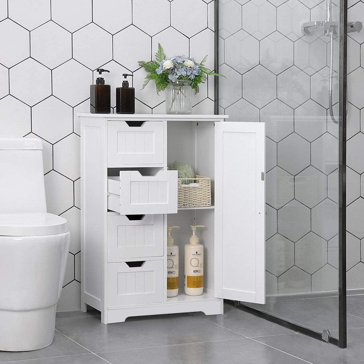 White Freestanding Bathroom Storage Cabinet with 4 Drawers and 1 Door H724525