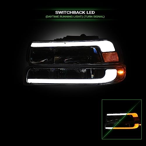 Compatible With Chevy Silverado Suburban Tahoe LED Strip Bar Black Housing Headlights With Signal Bumper Lamps Amber Reflector 4-Pieces C668358