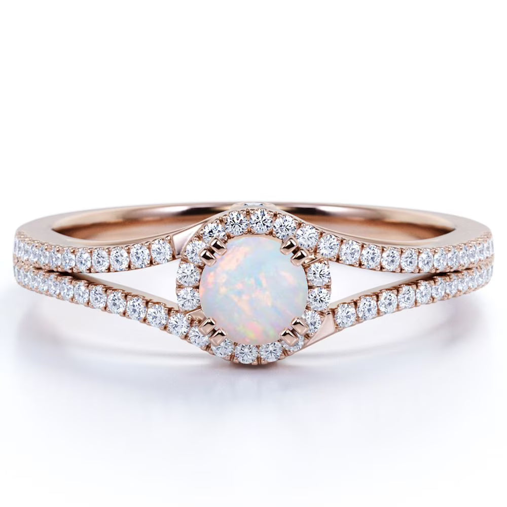 Vintage Blue Fire Opal and Moissanite Birthstone Ring in 18K Rose Gold over Silver I224