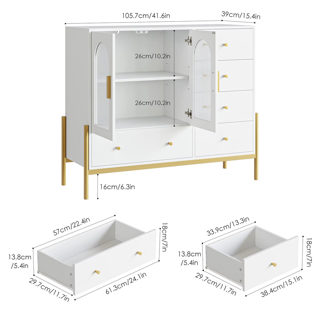 White 5 Drawer Dresser with Glass Door S245
