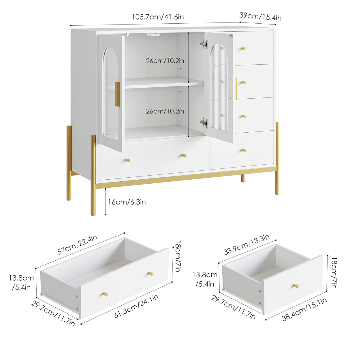 White 5 Drawer Dresser with Glass Door S245
