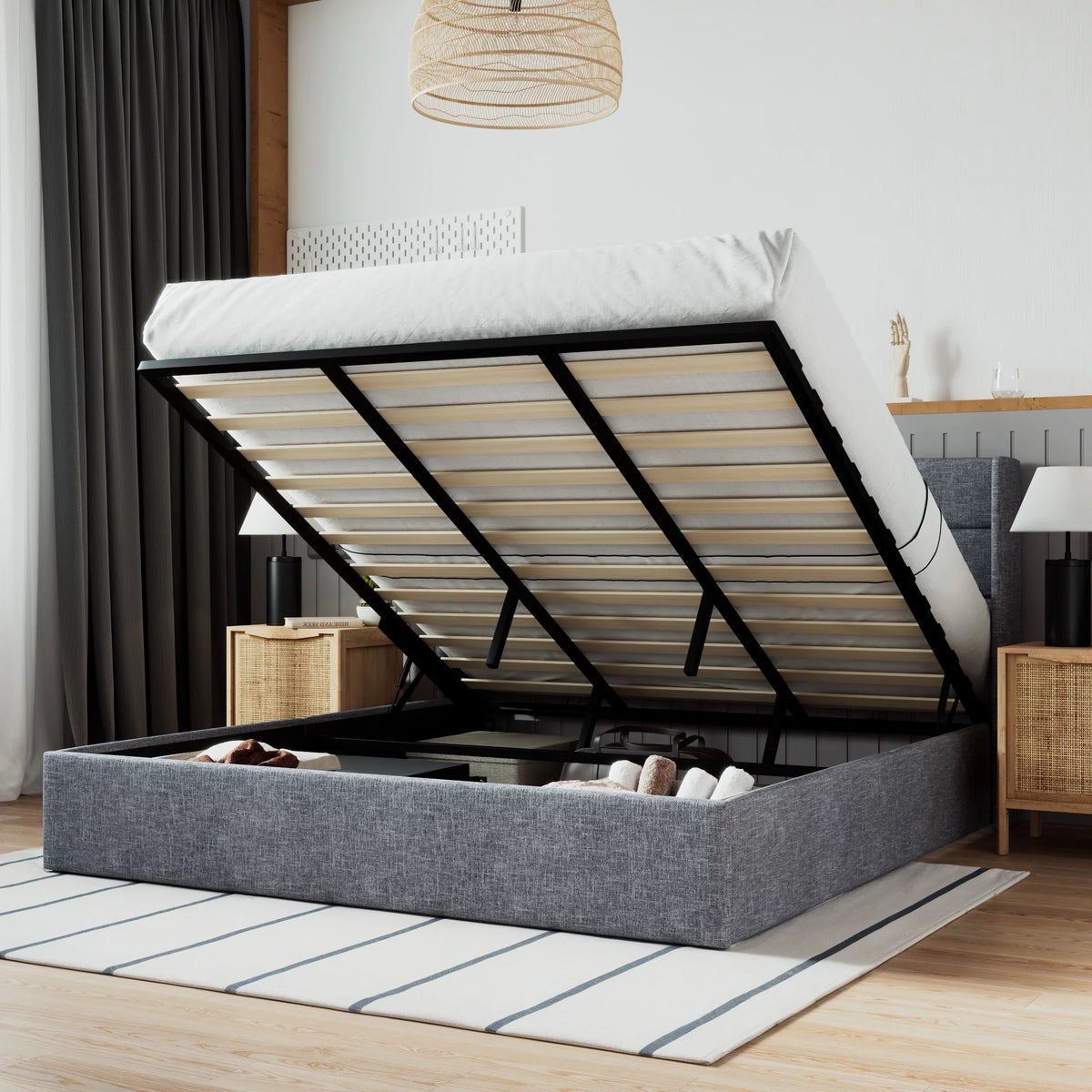 Beige Queen Size Lift Up Platform Bed Frame with Headboard B619932