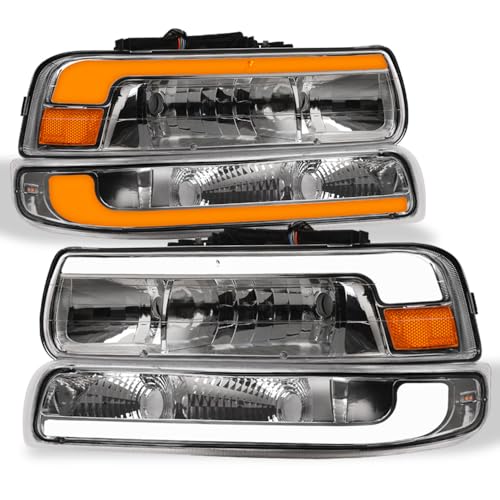 Compatible With Chevy Silverado Suburban Tahoe LED Strip Bar Black Housing Headlights With Signal Bumper Lamps Amber Reflector 4-Pieces C668358