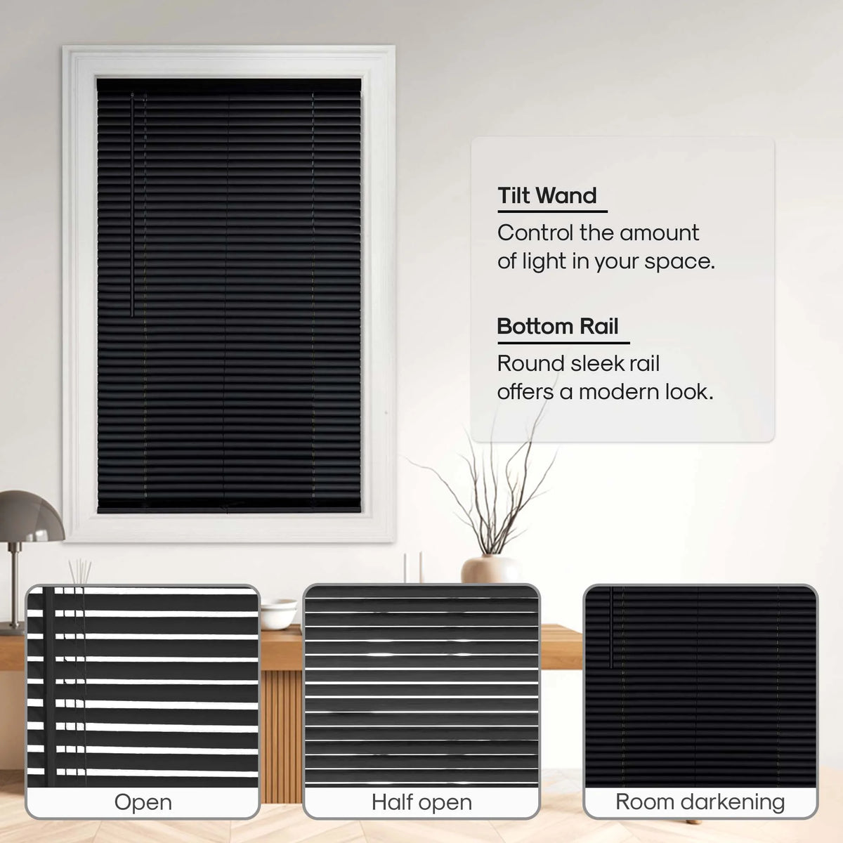 1" Vinyl Blackout Cordless Window Blinds, 64L x 34W Inches J91034