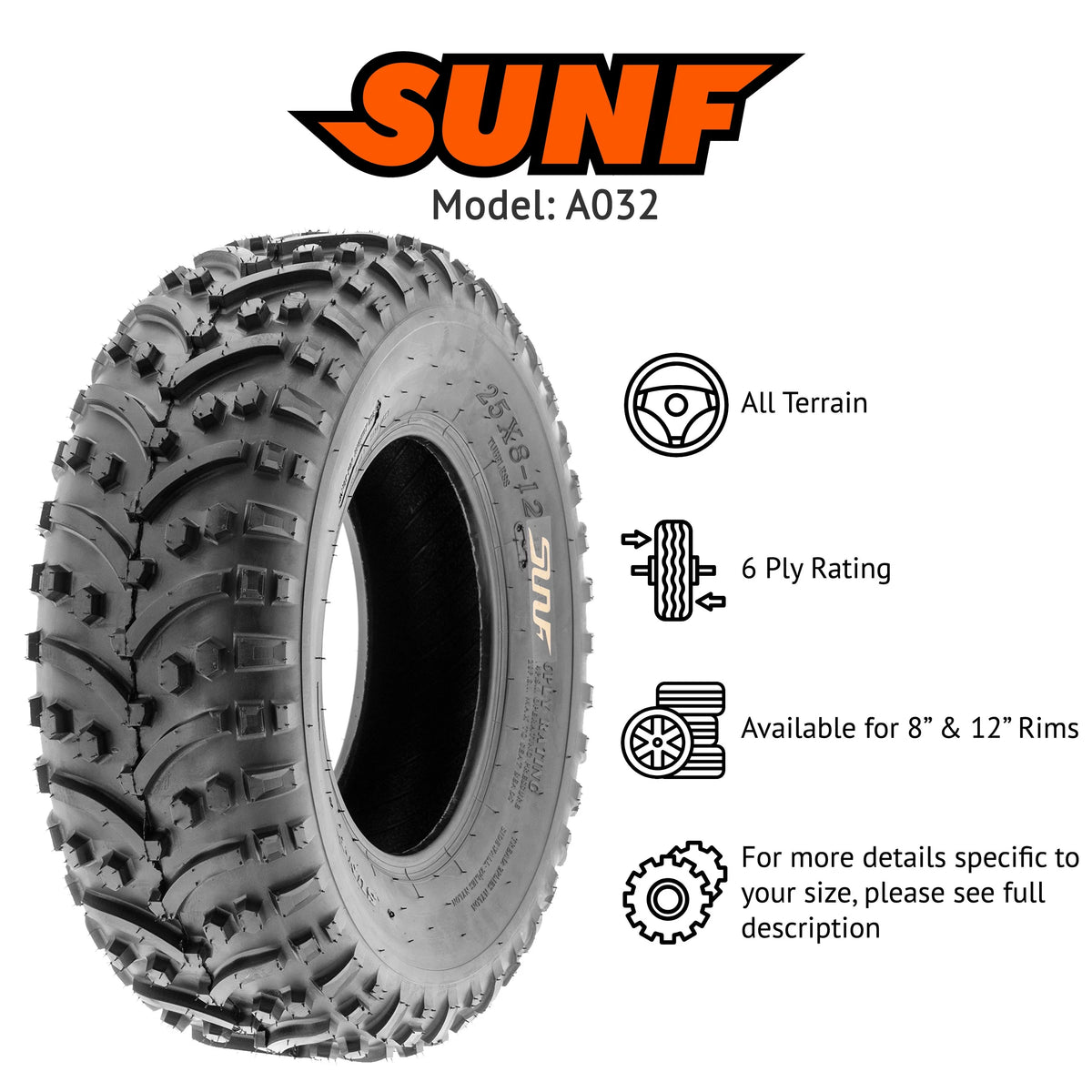 Set of 4 ATV UTV Tires 25x8-12 6 PR K8799