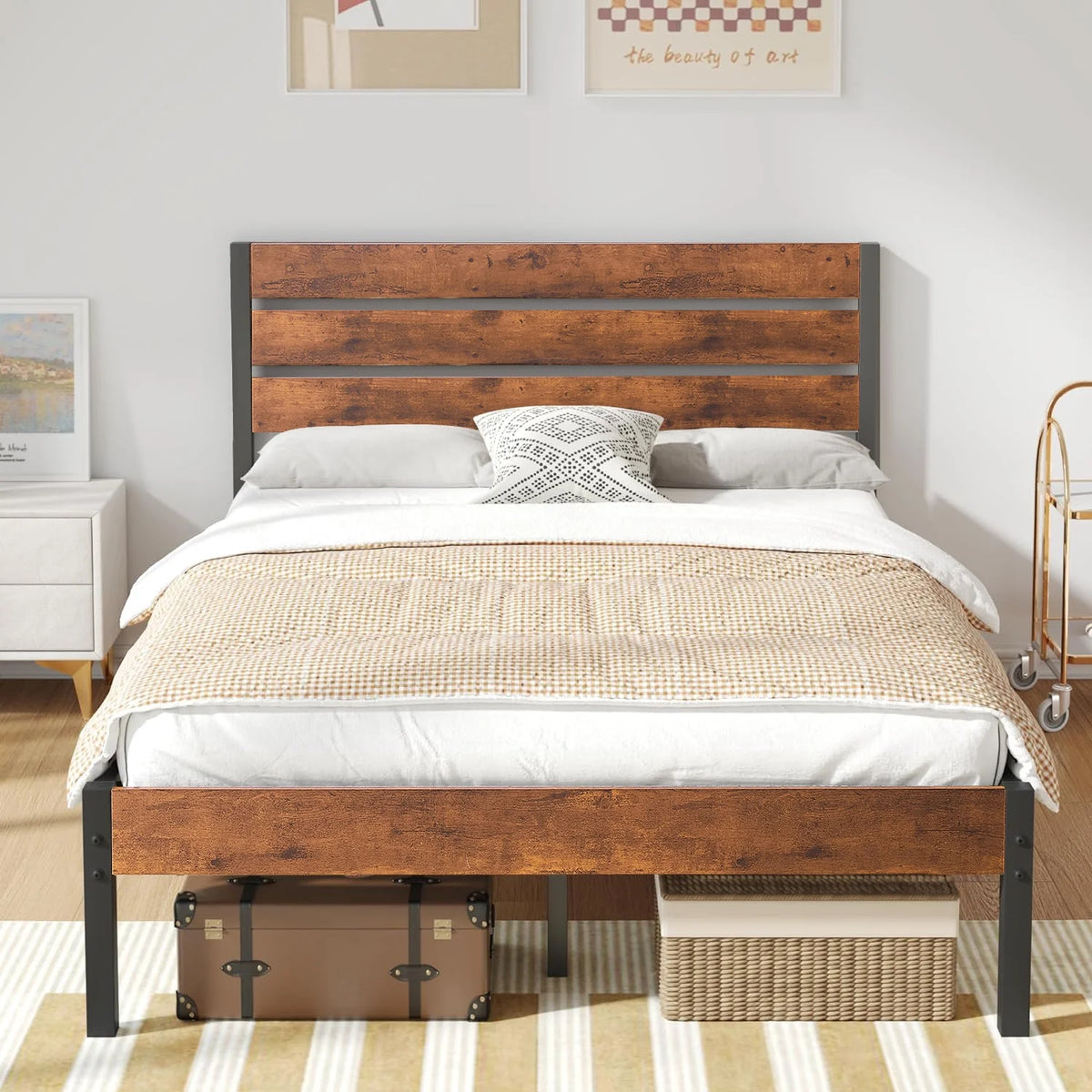 Queen Bed Frame with Wooden Headboard and Metal Slats T38054