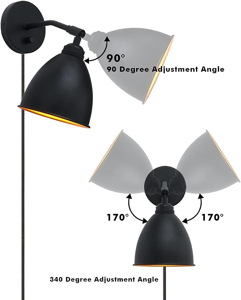 Vintage Plug in Wall Sconce, 1-Light Dimmable Industrial Metal Fixture Lamp with 6.1 Oval Black Metal Shade and 4.7 Black Canopy R674