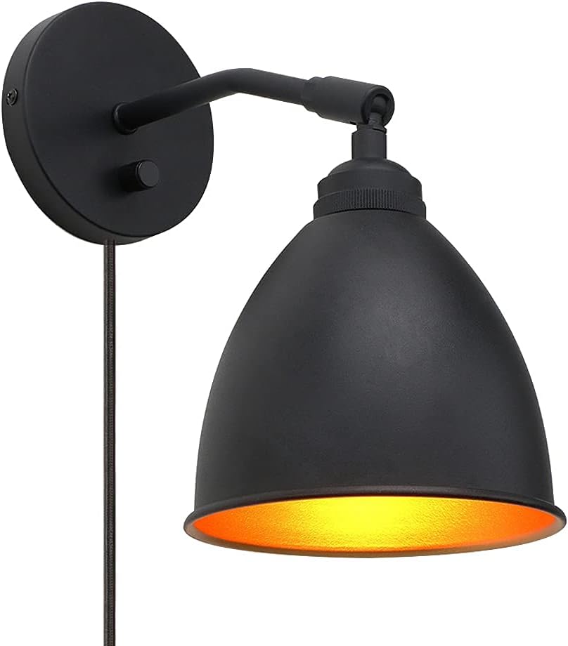Vintage Plug in Wall Sconce, 1-Light Dimmable Industrial Metal Fixture Lamp with 6.1 Oval Black Metal Shade and 4.7 Black Canopy R674